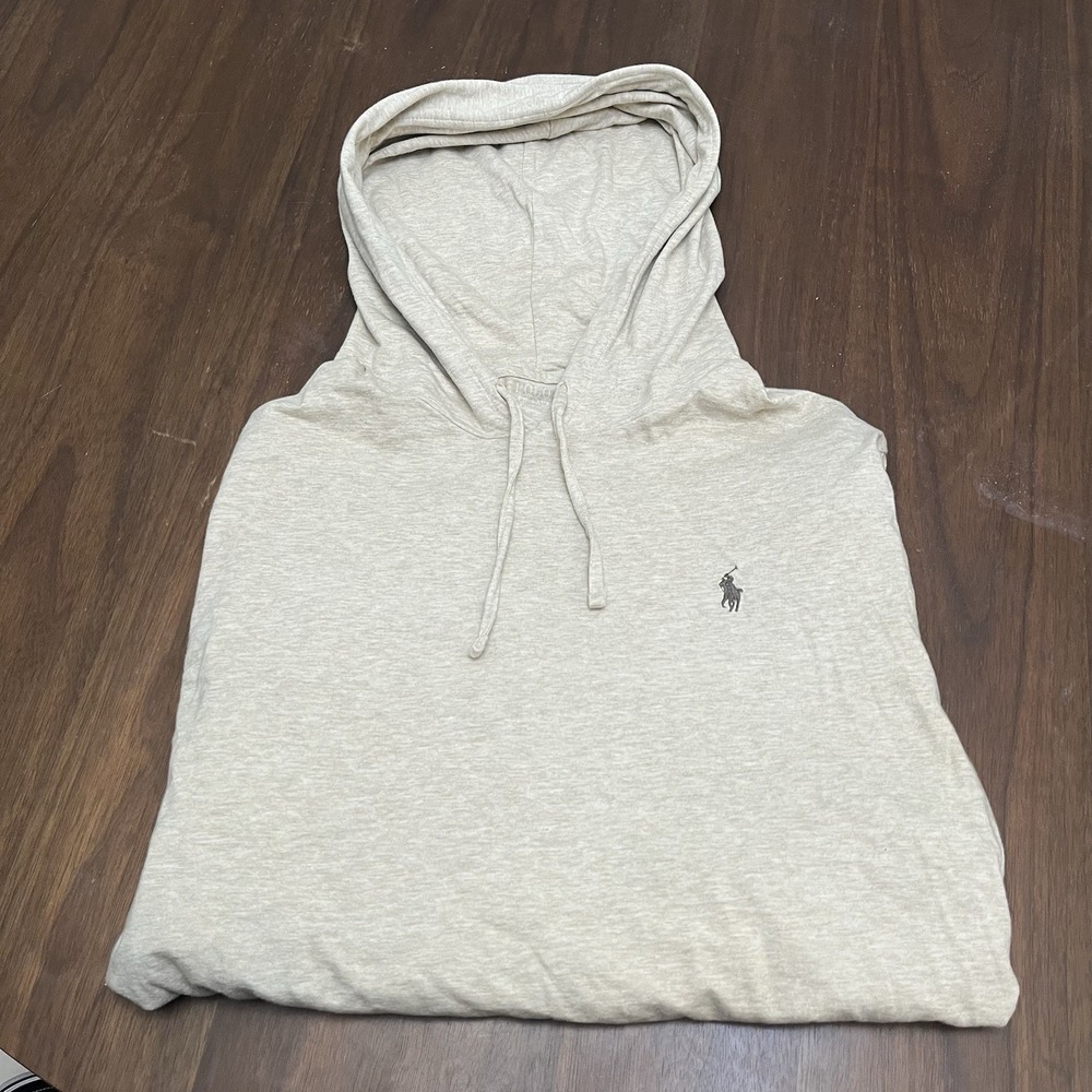 Polo Ralph Lauren Preppy Mens XL Beige Fleece Logo Pullover Hoodie Sweatshirt
